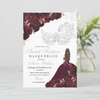Burgund & Silver Glitzer Sweet 16 Masquerade Einladung