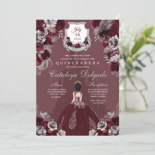 Burgund Silver Princess Castle Quinceañera Einladung