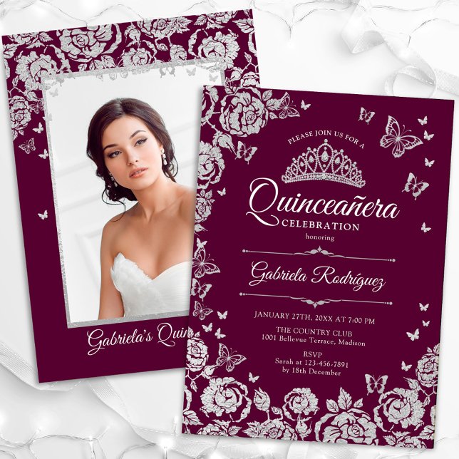 Burgund Silver Rose Quinceanera Foto Einladung (Von Creator hochgeladen)