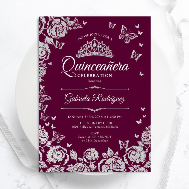 Burgund Silver Rose Schmetterlinge Quinceanera Einladung (Von Creator hochgeladen)