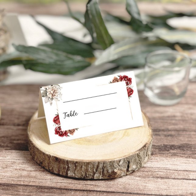 Burgund & Silver Watercolor Blumenhochzeit Platzkarte (Burgundy & Silver Watercolor Floral Wedding Place Card)