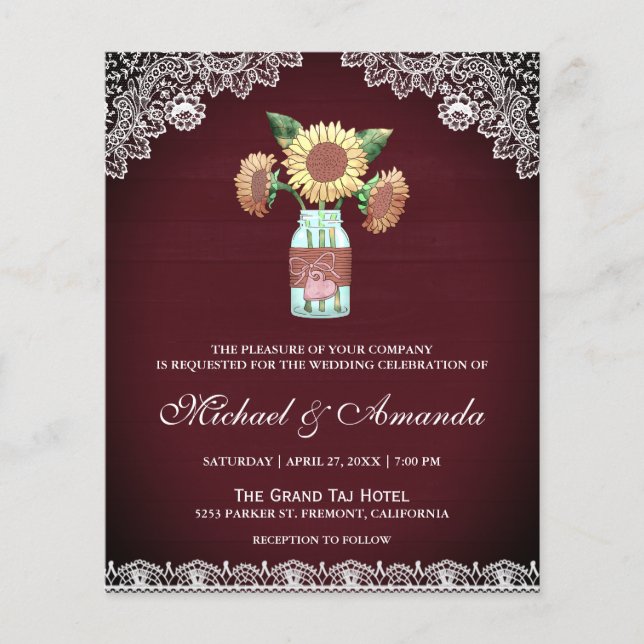 Burgund Sonnenblumen Budget Hochzeit Einladung (Vorderseite)