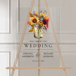 Burgund Sonnenblumen Mason Glas Hochzeit Willkomme Acrylschild