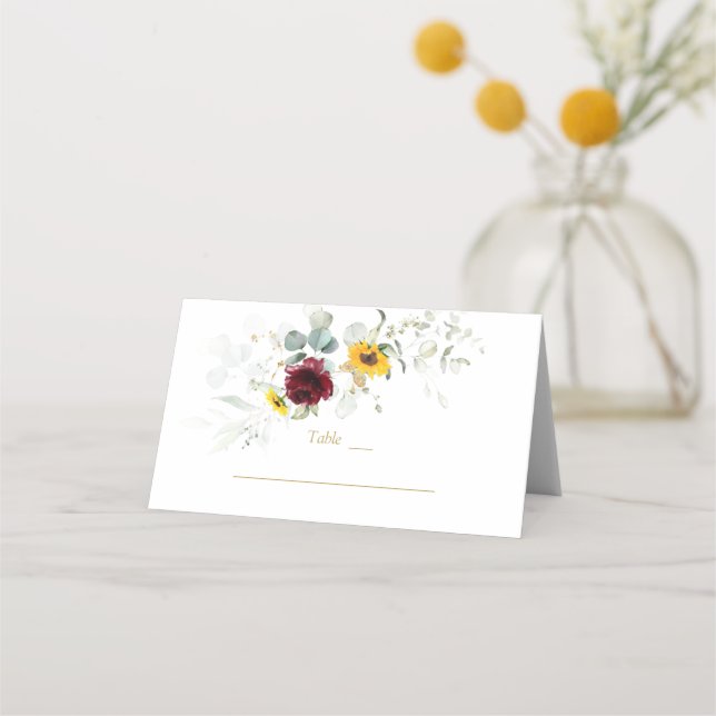 Burgund Sonnenblumen Tischnummer Airy Greenery Platzkarte (Vorderseite)
