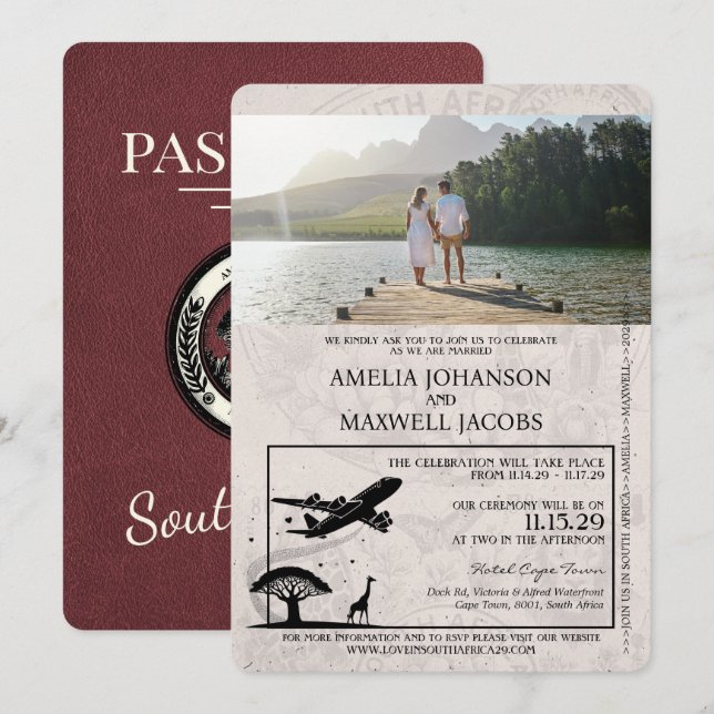 Burgund Südafrika Passport Hochzeit Einladung (Vorne/Hinten)