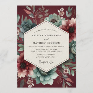 Burgund Teal Dramatische Blüten Hochzeit Einladung
