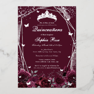 Burgund Tiara Silber Quinceanera  Folieneinladung