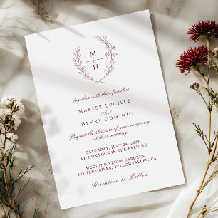 Burgund-Typografie-Wildflower-Monogramm-Hochzeit Einladung