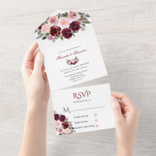 Burgund und blassem Rosa bemalte Pfingstrosen-Hoch All In One Einladung