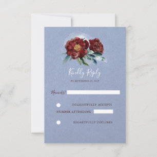 Burgund und Blaue Aquarell-Blumen Hochzeit RSVP Karte