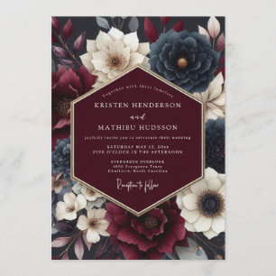 Burgund- und Blaue Schwermütige Florale Hochzeit Einladung