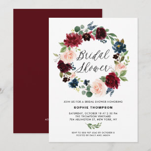 Burgund und Blauer Blumenkranz-Brautparty Einladung