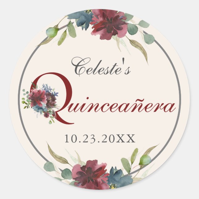 Burgund und Blauer Party Quinceanera Runder Aufkleber (Vorderseite)