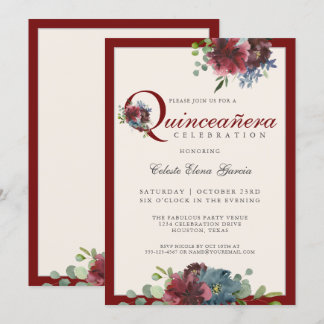 Burgund und Blauer Wasserfarbenblütenquinceanera Einladung
