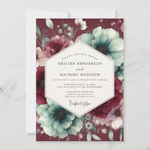 Burgund- und Blaugrüne Poetische Florale Hochzeit Einladung