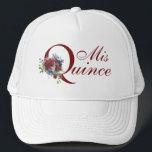 Burgund und Blue Floral Mis Quince Geburtstag Truckerkappe<br><div class="desc">Feiern Sie Ihre Quinceanera stilvoll mit diesem femininen Blumendesign mit "Mis Quince"-Text,  der mit einem Blumenstrauß von Aquarellfarben in Bordeaux und Blau geschmückt ist. Weitere passende Produkte sind in diesem Design erhältlich.</div>