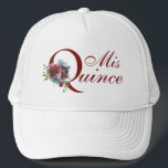 Burgund und Blue Floral Mis Quince Geburtstag Truckerkappe<br><div class="desc">Feiern Sie Ihre Quinceanera stilvoll mit diesem femininen Blumendesign mit "Mis Quince"-Text, der mit einem Blumenstrauß von Aquarellfarben in Bordeaux und Blau geschmückt ist. Weitere passende Produkte sind in diesem Design erhältlich.</div>