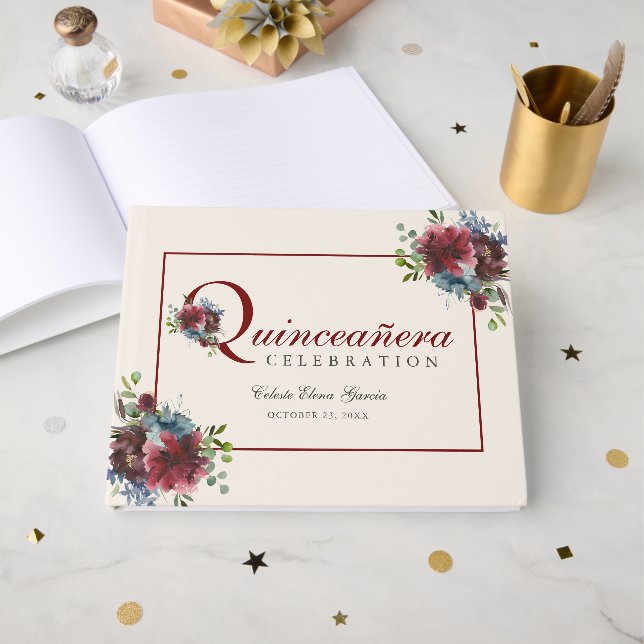 Burgund und Blue Floral Quinceanera Geburtstag Gästebuch (Vorderseite Offen)