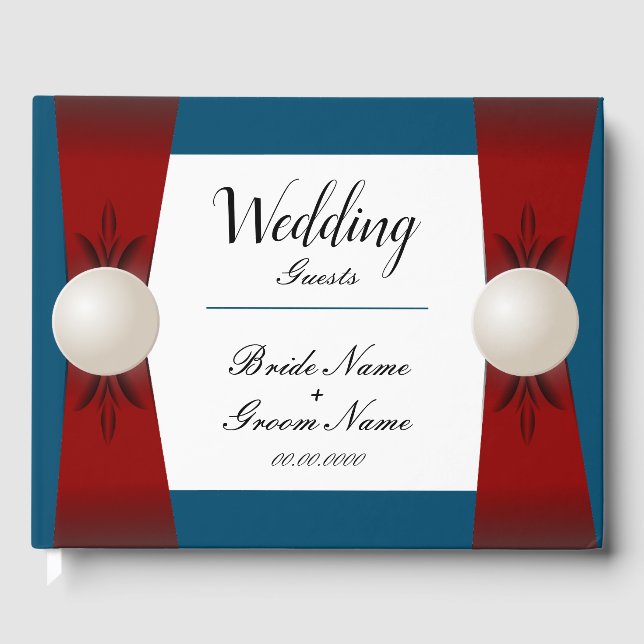 Burgund und Blue Pearl Ribbon Wedding Gästebuch (Vorderseite)
