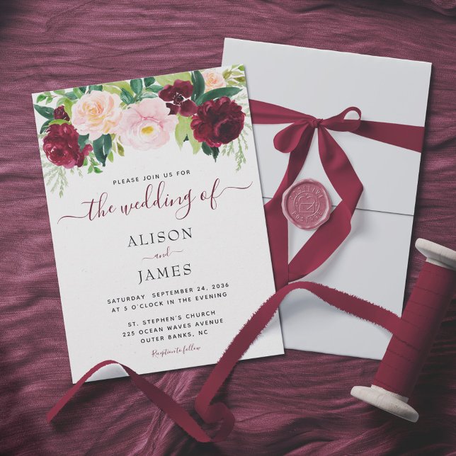 Burgund und Blush Bloral Elegante Hochzeit Einladung (Von Creator hochgeladen)