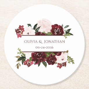 Burgund und Blush Bloral Elegante Hochzeit Runder Pappuntersetzer
