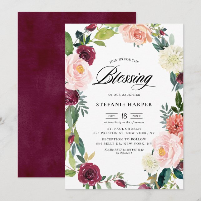 Burgund und Blush Bloral Wreath Fall Segen Einladung (Vorne/Hinten)