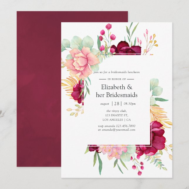 Burgund und Blush Blumenbridmaids Luncheon Einladung (Vorne/Hinten)