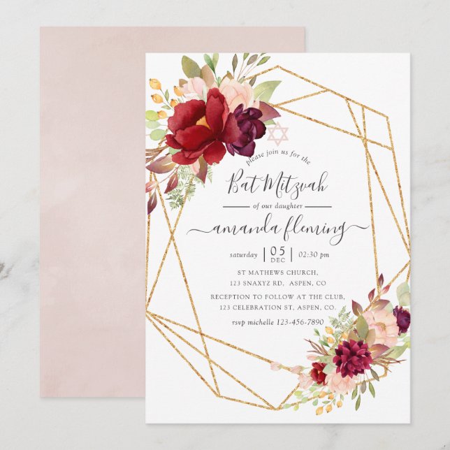 Burgund und Blush Boho Geometrie Bat Mitzvah Einladung (Vorne/Hinten)