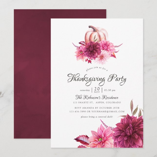 Burgund und Blush Erntedank Party Einladung (Vorne/Hinten)