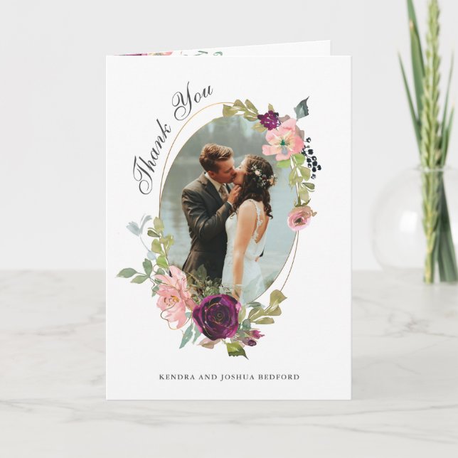 Burgund und Blush Floral Wedding Foto Vielen Dank Dankeskarte (Vorderseite)