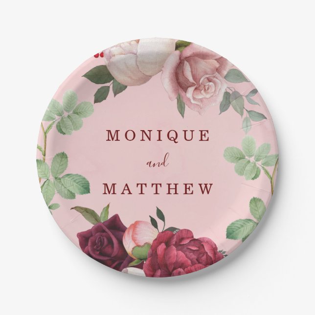 Burgund und Blush Pink Bloral Bouquet Wedding Pappteller (Vorderseite)