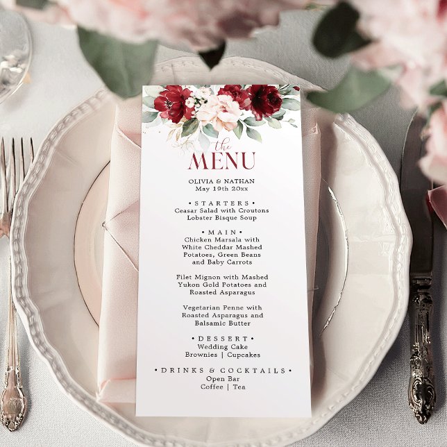 Burgund und Blush Pink Blues Hochzeitsessen Menükarte (Von Creator hochgeladen)