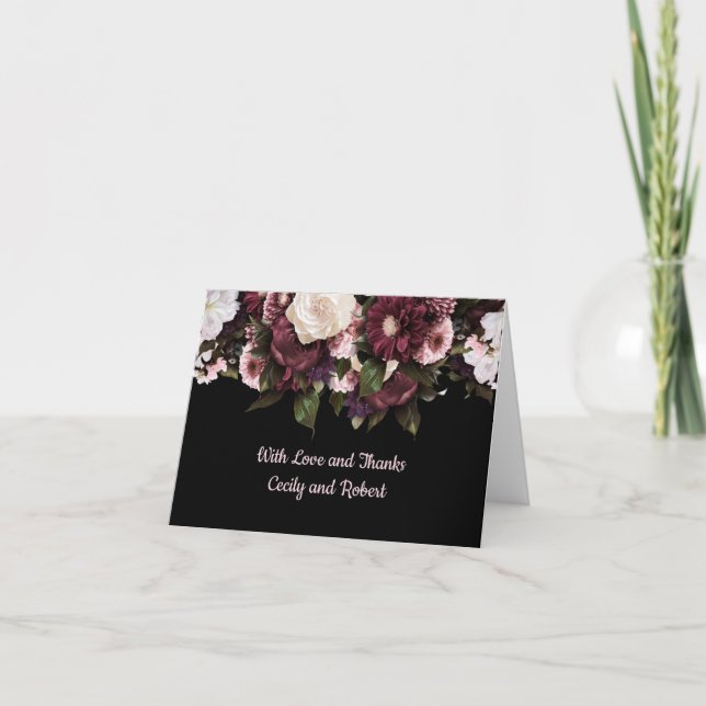 Burgund und Blush Pink Florals auf Schwarz Vielen  Dankeskarte (Vorderseite)
