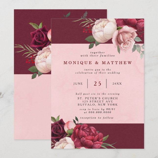 Burgund und Blush Pink Peony Bouquet Wedding Einladung (Vorne/Hinten)