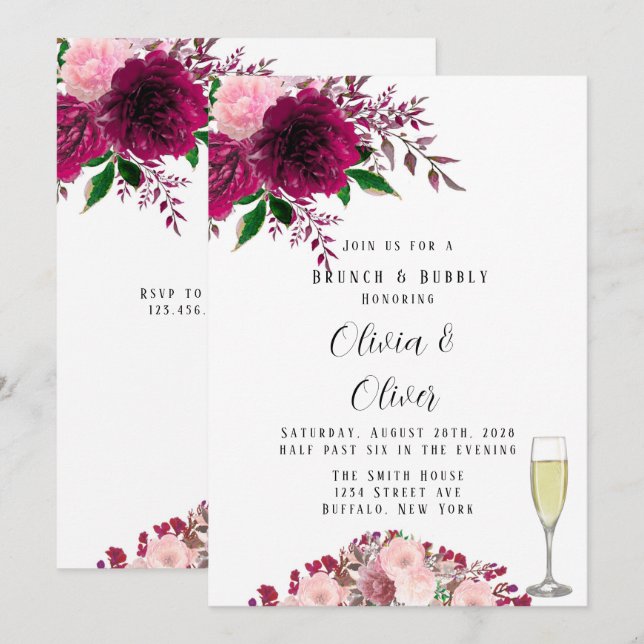 Burgund und Blush Pink Peony Brunch und Bubbly Einladung (Vorne/Hinten)