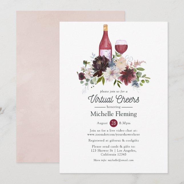 Burgund und Blush Pink Wein Virtual Brautparty Einladung (Vorne/Hinten)