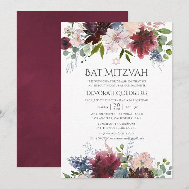 Burgund und Blush Wasserfarbe Blumenbast Mitzvah Einladung (Vorne/Hinten)