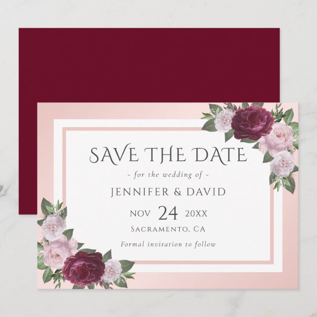 Burgund und Blush Wedding speichern das Datum Save The Date (Vorne/Hinten)