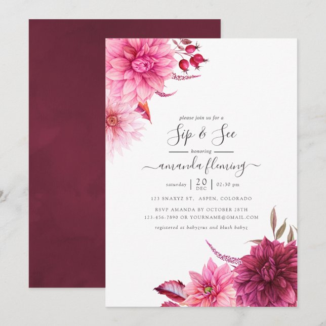 Burgund und Blüte Herbst Blumensippe und sehen Einladung (Vorne/Hinten)