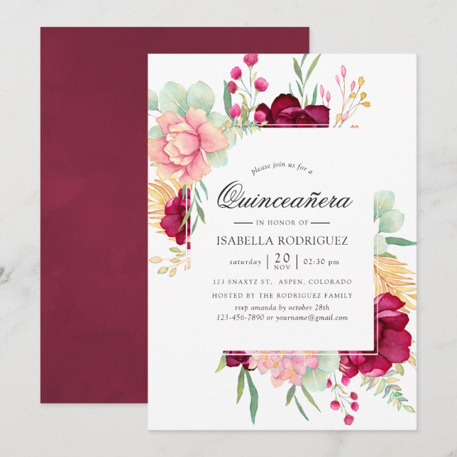 Burgund und Blütenflora Quinceñera Einladung (Vorne/Hinten)