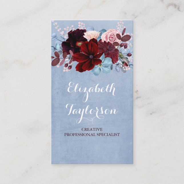 Burgund und Dusty Blue Floral Wasserfarbe Visitenkarte (Vorderseite)