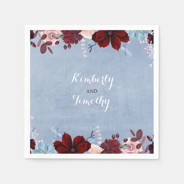 Burgund und Dusty Blue Floral Wasserfarben Serviette (Vorderseite)