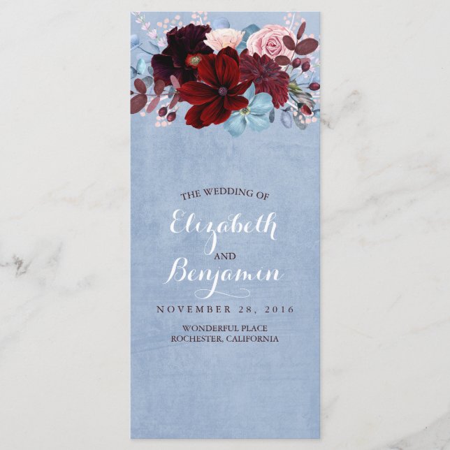 Burgund und Dusty Blue Wedding Programme (Vorderseite)