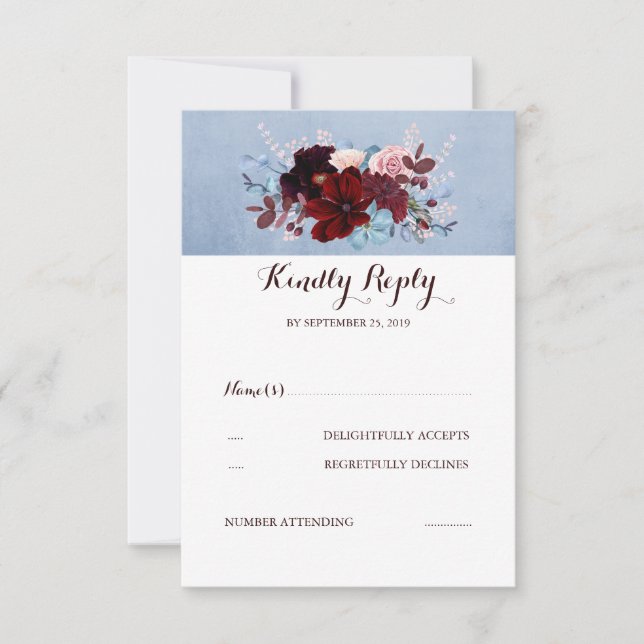 Burgund und Dusty Blue Wedding RSVP (Vorderseite)