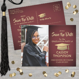 Burgund und Gold Abschluss Foto Save the Date Postkarte