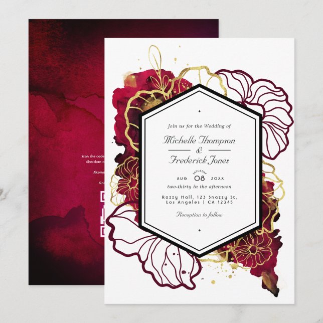 Burgund und Gold Abstrakte Blumenhochzeit Einladung (Vorne/Hinten)