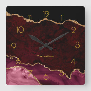 Burgund und Gold Achat Personalisiert Quadratische Wanduhr