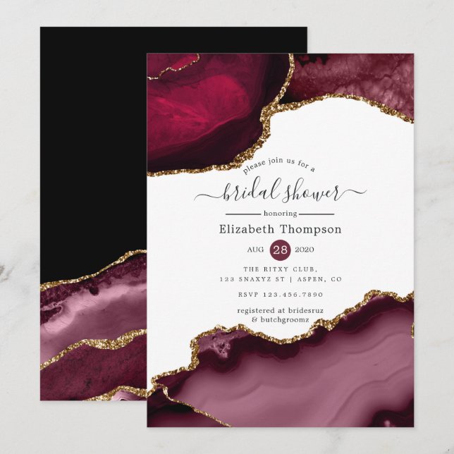 Burgund und Gold Agate Brautparty Einladung (Vorne/Hinten)