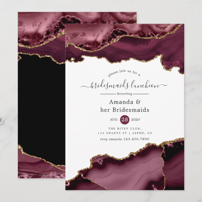 Burgund und Gold Agate Bridesmaids Luncheon Einladung (Vorne/Hinten)