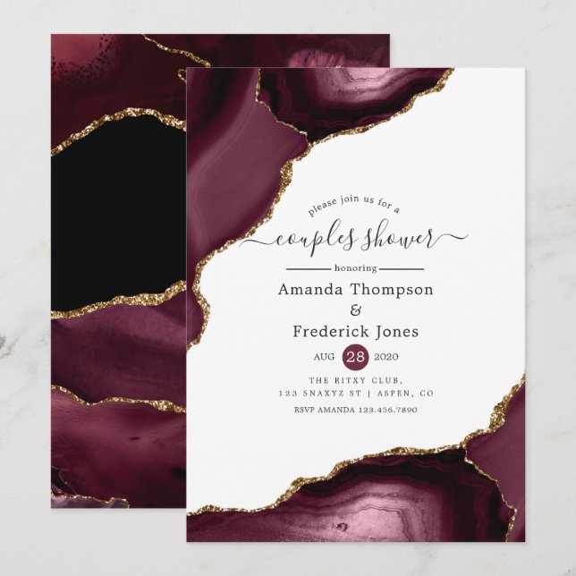 Burgund und Gold Agate Couples Dusche Einladung (Vorne/Hinten)